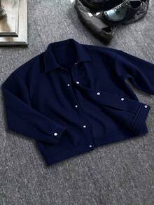 Men's Solid Color Turndown Collar Wool Blend Full Zip Jacket, Thick Outerwear, Streetwear, Gentleman Style, Versatile For Multiple Occasions - Màu xanh hải quân - Xem 2