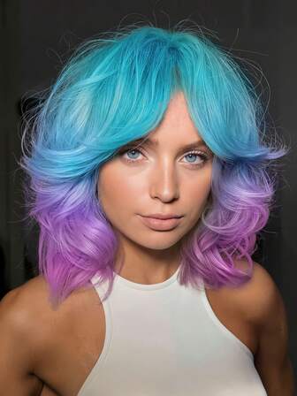 Short Ombre Bob Wigs With Bangs Curly Wigs For Women Short Blue To Purple Hair Loose Wavy Wig Ombre Purple To Blue Synthetic Hair Lavender Wig For Cosplay Daily Party Selfie Use (14 Inch)