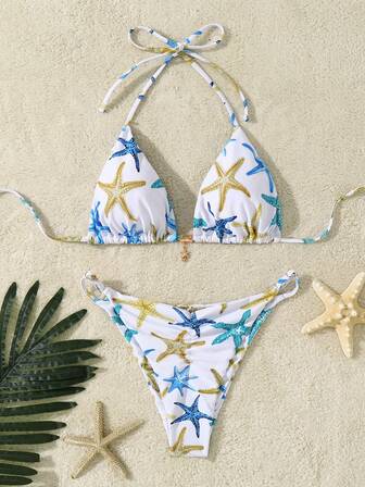 两件套泳衣，夏季度假风，印花纹理罩杯比基尼上衣+高腰泳裤，性感泳装套装