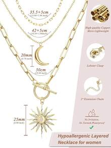 3Pcs Layered 14K Gold Plated Necklaces For Women Dainty Necklace Stack Silver Plated Non Tarnish Free Pendant Chunky Chain Pearl Paperclip Cross Heart Necklace Set For Women - 14K鍍金項鍊+月亮 - 查看 3