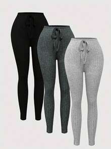 3 Stück Damen Lässig einfarbige gerippte verdrehte Hose mit elastischem Bund