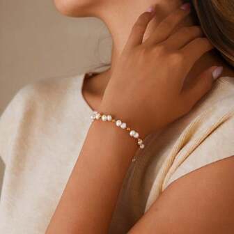 1가닥 5-6mm 니어 라운드 담수 진주 팔찌, 섬세한 천연 모조 진주 팔찌, 18k 골드 브라이덜 화환 디자인