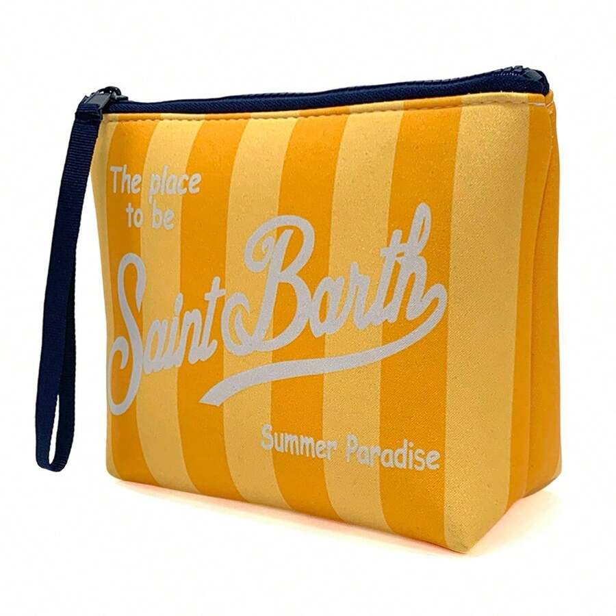 Integrated Travel Makeup Bag, S-Saint B-Barth Material, Portable Striped Makeup Bag, Makeup Case, Handbag, Makeup Pouch, Waterproof Travel Bag, Zipper Travel Organizer, Lightweight Makeup Case, Unisex Travel Gift - 黃色 - 查看 1