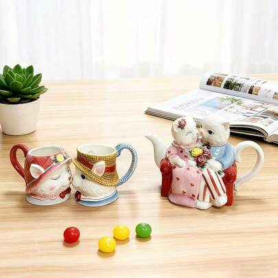 Ceramic Hand-Painted Cute Cat Teapot, Coffee Pot, Couple's Cup, Teacup, Christmas And Valentine's Day Gift