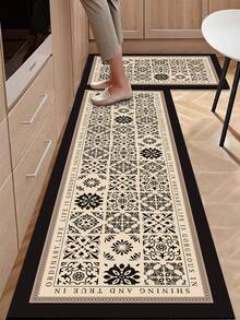 1pc American Style Premium Kitchen Floor Mat, Geometric Design Anti-Fatigue Cushioned Comfort Rug, Water Absorbent & Non-Slip Kitchen Mat & Carpet, Minimalist Diatomaceous Earth & Soft Rubber Mat, Ideal For Kitchen, Bathroom, Entrance Door, Laundry Room, Etc. ,Room Decor - Black and White - View 11