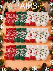 4 pares de calcetines navideños para bebé, con estampados de Papá Noel y árbol de Navidad, diseñados como calcetines hasta el tobillo para bebés. Son suaves, cómodos y casuales, adecuados como regalos navideños para niños, y son estilos de otoño e invierno. Regalos de Navidad/Acción de Gracias