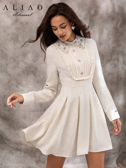 Elegante Lapel Rhinestoned ate Cinched Waist Milky Wit Suit Dress, Modest, Fall, Everyday Wear, Wedding Guest Dress Women, Event, Old Money Court Outfit, Shiny view 3