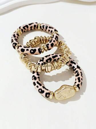 3件套复古厚款多层多色亚克力串珠手链，豹纹图案，搭配可变形金块手链，适合女性和情侣佩戴，适合派对和日常佩戴