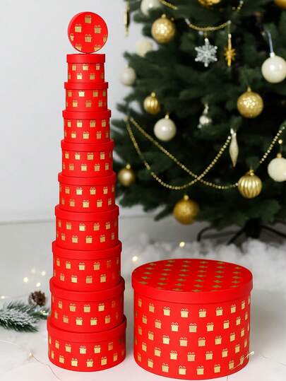 Set di 10 scatole regalo rotonde rosse con stampa dorata a motivo di regali, scatole circolari nidificate per confezioni natalizie e per le vacanze