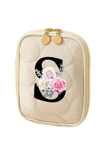 Borsa da trucco portatile semplice ed elegante, stampa floreale nera con iniziali da A a Z, borsa portatile per rossetti, clutch da viaggio, borsa cosmetica da viaggio portatile, borsa da toilette, borsa multifunzionale per riporre cosmetici, rossetti, cavi dati, medicinali, gioielli, articoli di uso quotidiano, regalo perfetto per amanti, famiglia, madre, amici, compagni di classe, colleghi, insegnanti, ideale per vacanze, compleanni, San Valentino, Ringraziamento, Natale, regali per donne, idee regalo per donne