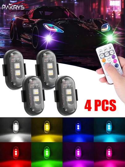 PAKRYS 4pcs LED Strobe Lights With Remote Control, 8 Colors 10 Modes - Hook And Loop Strong Adhesive Installation, 110mAh Battery, USB Rechargeable, Waterproof, Shockproof, LED Emergency Warning Light, LED Aircraft Strobe Light, Motorcycle Light, LED Flashing Position Wireless Light, Suitable For Car Interior, Motorcycle, Bicycle, Drone, Car, Truck, RC Plane, Home, Portable Reading And Decorative Ceiling Light