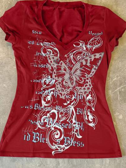 Women's Y2K Butterfly Print V-Neck Short Sleeve Casual T-Shirt