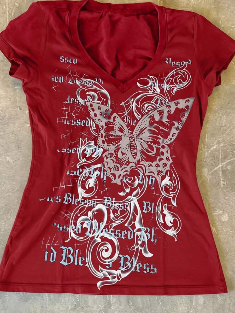 Áo thun nữ tay ngắn cổ chữ V in hình bướm phong cách Y2K mùa hè, kiểu dáng thường ngày. - Đỏ - Xem 1