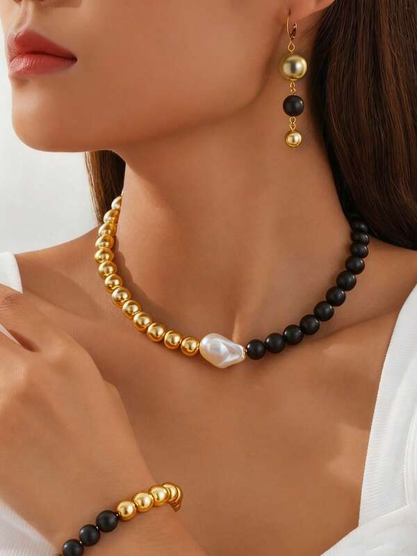 1 Set Elegant New Design Beaded Black & White Contrast Retro Style Women Earrings, Bracelet, Necklace Set