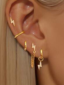 5 Pcs Showy 24K Gold Plated Cubic Zirconia Chain Drop Dangle Earrings For Women Hoop Earrings Women Lightning Stud Earrings Set