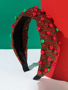 Christmas Striped Knotted Headband, Holiday Contrast Color Beaded Red Headband, Simple Knotted Fabric Rhinestone Multi-Color Bead Headband ,Party ,Hair Hair Hoop