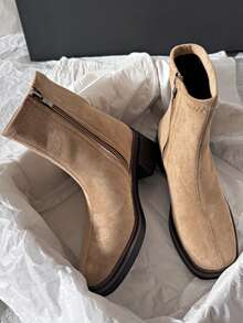 Botas de tobillo Chelsea planas y retro para mujer, de tacón bajo, versátiles, con cremallera en la parte trasera, para primavera/otoño - Albaricoque - Ver 4