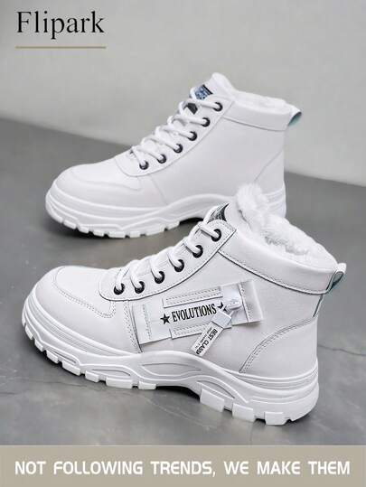 Flipark 1双白色休闲运动女式雪地靴，圆头，户外系带，防水，毛绒内衬，高帮，适合秋冬季穿着