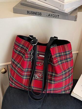 New Fashion Casual Checkered Chain Decoration Large Capacity Shoulder Tote Bag, Retro Versatile Commuter Women's Handbags And Wallets For Shopping And Commuting.