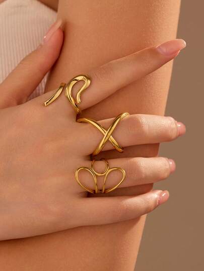 3 Peças Conjunto de Anéis Dourados Assimétricos de Aço Inoxidável, Moda e Único, Adequado para Uso Diário ou Presente para Mulheres