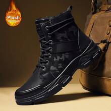 Men's 2025 New Autumn And Winter English Style Thick Soled High Top Motorcycle Boots Men's Fleece And Thick Work Shoes Snow Boots - 黑色 - 查看 3