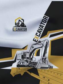 Men's Summer Casual Set, Excavator Print Pattern, 100% Polyester Fabric, Round Neck T-Shirt With Matching Shorts With Pockets, 2-Piece Set, Lightweight And Breathable - Grey - View 3
