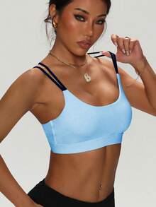Áo ngực thể thao dệt kim thời trang dành cho nữ, màu trơn, cổ tròn, dây chéo, có đệm mút tháo rời, kiểu dáng mùa xuân. - Màu xanh nhạt - Xem 4
