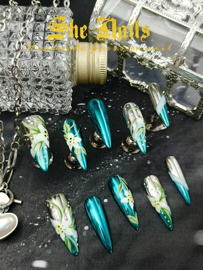 Cute Baroque Leopard Print Zebra Print Nails Look With 10pcs Orange Nails, Blue Nails, Gold Nails, Green Nails, Black Nails Long Stiletto Acrylic Press On Nails 3D Carving Craftsmanship, Blending, Cat's Eye French Tip Y2K Gothic Suitable For Autumn And Winter Holiday And Daily Wear With Free Gel Sticker Nail File.