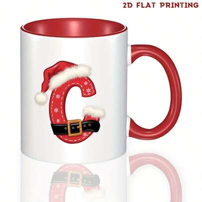 1pc Extra Large 11oz Christmas Letter Mug With Red & Golden Glittery 'C' & White Lettering - Red Rim & Black Interior - Elegant Cursive/Golden Accent Design - Hand Wash Only - Reusable & Insulating - Ideal For Coffee, Tea, Hot Chocolate - Holiday Gifts For, Men, Family, Coworkers, Students - Xmas Party Decorations (C-Shaped Loop) - Glossy Finish - Multi-Use Mug, Christmas Decor