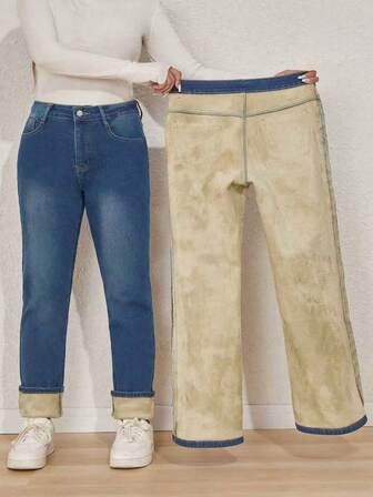 女式加大码加长保暖内衬直筒牛仔裤，拉链设计，中等弹力，舒适弹力