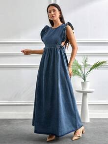 Casual Ruffle Hem Sleeveless Cinched Waist Women Denim Dress - Biru - View 2