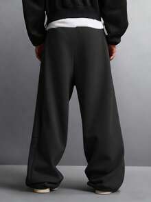 男士宽松阔腿裤，纯色设计，配有抽绳，休闲长款运动裤，涤纶面料，适合日常穿着、慢跑等各种场合，春夏百搭单品 - 黑色 - 查看 6