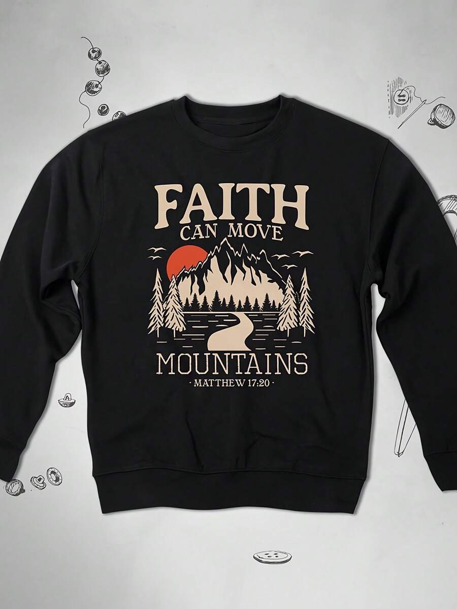 Bible Verse Sweatshirt Cistian Graphic Design With Quote Saying Faith Cane Mountains Aesthetic Religious Crewneck Sweatshirt Gift Idea,Autumn/Winter Hoodie Autumn Set - 款式1 - 查看 1
