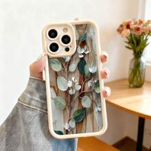 Cubierta de teléfono con borde protector color negro diseño de hojas verdes y flores blancas sobre fondo de madera para uso diario y estilo natural - Blanco - Ver 2