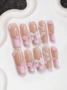 10pcs Handmade Pearl French Manicure Set, Pink Press-On Nail Stickers, Medium Almond-Shaped Nail Stickers, Square Nails, Duck Billed Nails, Elegant Nails, 3D Handmade Floral False Nails Decorated With Pink 5-Petal Flowers, Includes Tool Kit (1 Jelly Sticker + 1 Nail File), Suitable For Women And Girls, Weddings, Parties, Autumn/Winter Daily Wear Nail Supplies Handmade Press On Nails - Multicolor - View 4