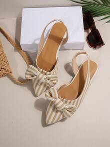 白色尖头蝴蝶结设计平底鞋，镂空乐福鞋，优雅休闲春秋新款女士镂空穆勒鞋 - 卡其色 - 查看 12