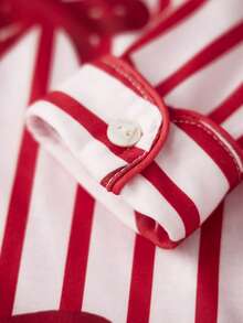 Family Matching Pajama Set Lapel Neck Button-Up Long Sleeve Tops Long Pants 2-Piece Bow/Solid Color Loungewear Outfit - Red - View 9