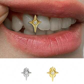 1pc Four-Pointed Star With Center Zirconia Tooth Grillz, Suitable For Parties, Nightclubs, Stage Wear, Cosplay - Unisex - Perfect Gift For Christmas And Valentine's Day, Year-Round Street Fashion , Hip-Hop Party Decor, Flashy Design