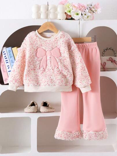 2pcs/Set Young Girl' Plush Bow Thick Sweatshirt And Pants Set, Autumn/Winter