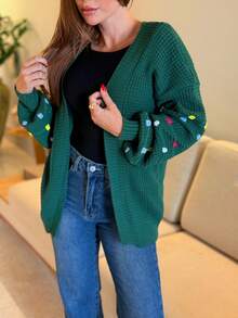 Women's Cardigan Knit Coat With Puff Sleeves - Verde militar - Ver 2