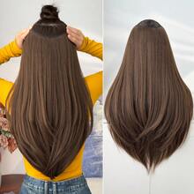 22英寸V型夹式渐变色接发，黑棕色、酒红色、棕色，耐热合成纤维假发，适合女性圣诞节、万圣节派对和日常佩戴。