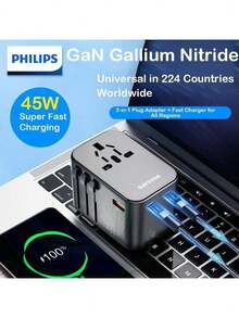 PHILIPS SPS1003A/93 GaN Global Adapter Power Strip With PD45W Type-C Fast Charging, UK & EU Standard Compatible, Portable For Travel - View 2