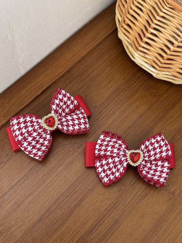2pcs Women's Fashionable & Delicate Girly Houndstooth Fabric Rhinestone Heart Decor Bow Hair Clips, Hair Accessories