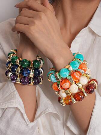 1pc Bohemian Style Resin Cloud Effect Geometric Beads & CCB Irregular Beads Elastic Bracelet, Gift & Daily Wear