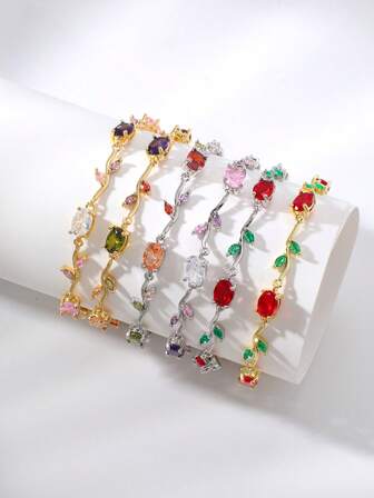1pc Exquisite & Unique Multicolor Zirconia Leaf & Vine Shaped Copper Zirconia Bracelet Jewelry, Versatile, Ideal Gift For Valentine's Day