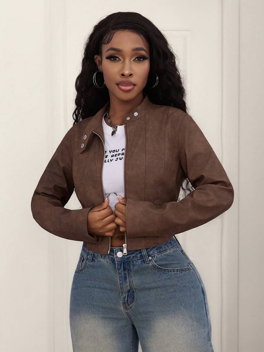 Plus Size Women's Fashion PU Leather Street Casual Daily Wear Jacket, Solid Color Zipper Metal Button Design, Suitable For Street, Avant-Garde, Y2K, Vacation, College, Cool Outfits - Brown - View 1