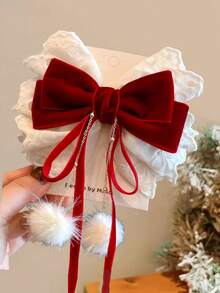 1pc Girls Elegant & Sweet Red Bow Hair Clip, Lace Velvet Bow Pearl Pom Pom Decor Ribbon Hair Accessory - Burgundy - View 7