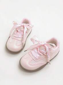 1 Pair Children's Solid Color Lace Wave Flat Bottom Sneakers, Comfortable & Durable, Suitable For School, Commuting, Outdoor Play, All Seasons - Pink - View 1