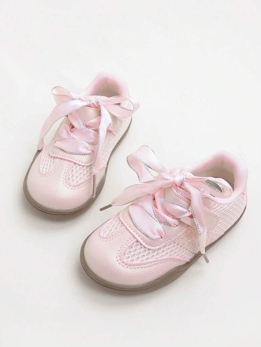 1 Pair Children's Solid Color Lace Wave Flat Bottom Sneakers, Comfortable & Durable, Suitable For School, Commuting, Outdoor Play, All Seasons - Pink - View 1