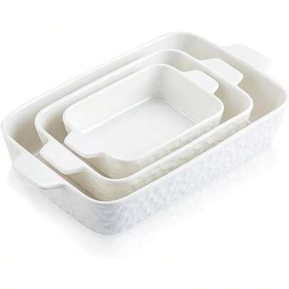 Oven Casserole 3Piece Set Ceramic Bakeware Durable Casserole Set Deep Lasagna Pan With Handle Household Oven Square DoubleHandled Baking Pan For Baking Cake Kitchen White